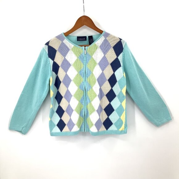 Crazy Horse Sweaters - Crazy Horse Women's Large L Multicolor Pastel Argyle Full Zip Sweater Cardigan